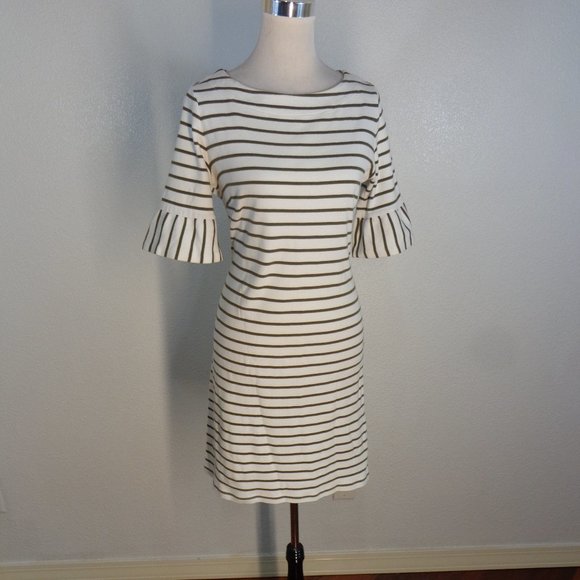 Talbots Womens Olive Green White Striped Jersey Knit Shift Dress Sz M - Picture 2 of 6